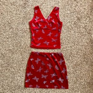 90s vintage velvet butterfly skirt and tank top set